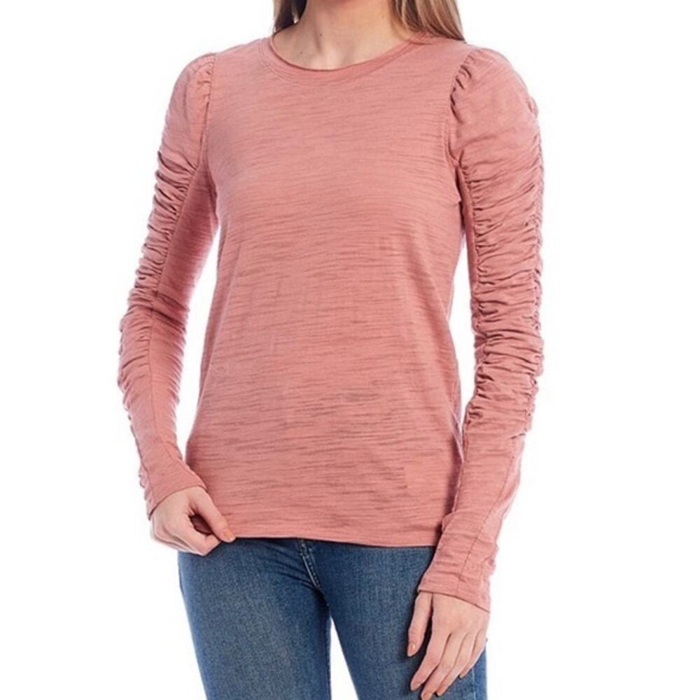 FREE PEOPLE We The Free Natasha Ruched Long Sleeve Top Pink Slub Knit | Large